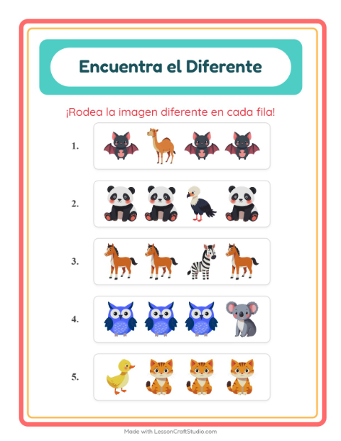 Vista previa de la hoja de El Intruso con Animales para jardín infantil