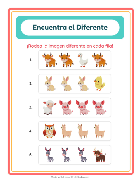 Vista previa de la hoja de El Intruso con Animales de granja para jardín infantil