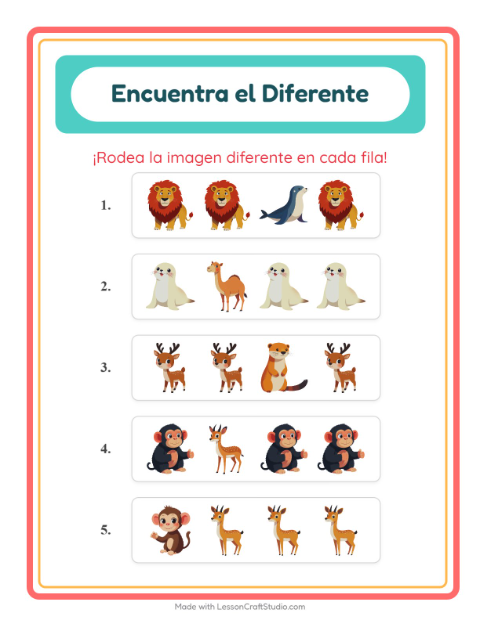 Vista previa de la hoja de El Intruso con Animales del zoológico para jardín infantil