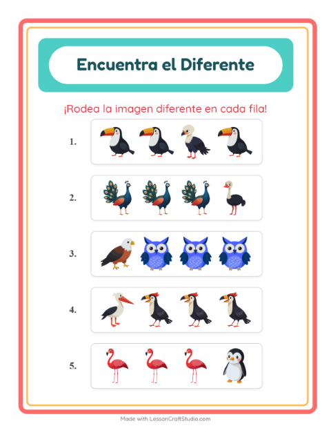 Vista previa de la hoja de El Intruso con Aves para jardín infantil