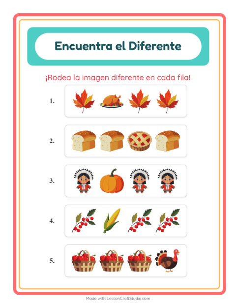 Vista previa de la hoja de El Intruso con Día de Acción de Gracias para jardín infantil