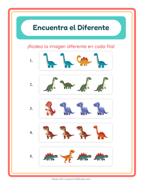 Vista previa de la hoja de El Intruso con Dinosaurios para jardín infantil