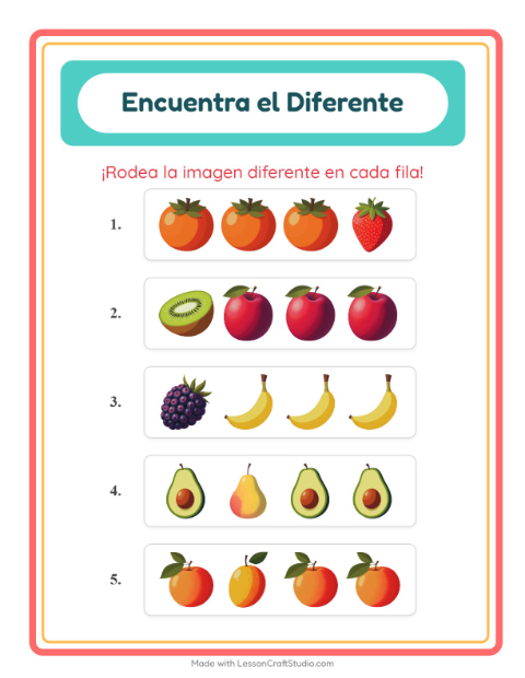 Vista previa de la hoja de El Intruso con Frutas para jardín infantil