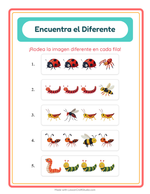 Vista previa de la hoja de El Intruso con Insectos y bichos para jardín infantil