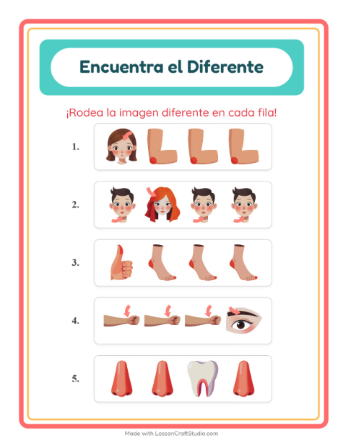 Vista previa de la hoja de El Intruso con Partes del cuerpo para jardín infantil