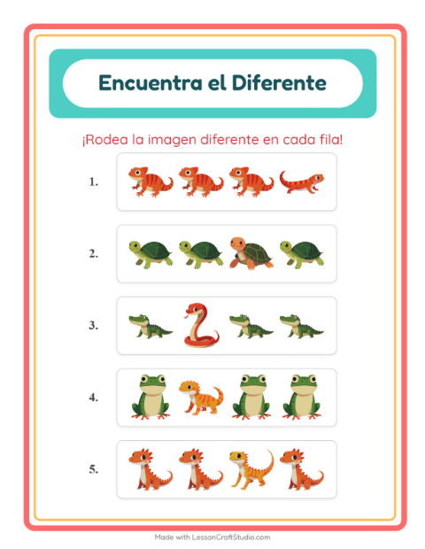 Vista previa de la hoja de El Intruso con Reptiles y anfibios para jardín infantil