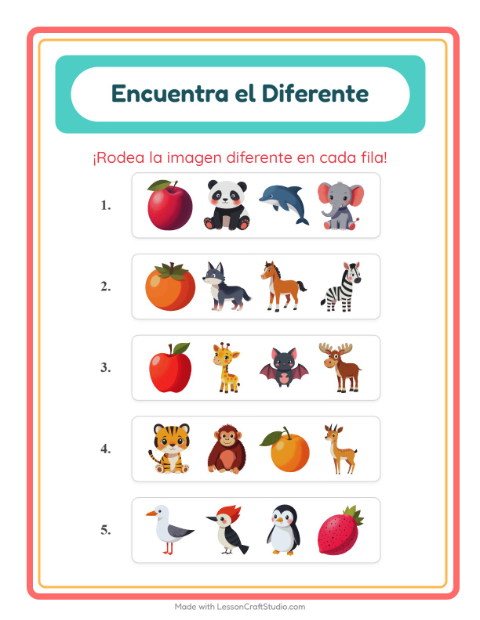 Vista previa de la hoja de El Intruso con Animales para jardín infantil
