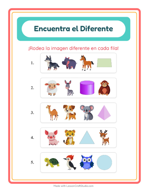 Vista previa de la hoja de El Intruso con Animales para jardín infantil