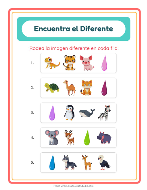 Vista previa de la hoja de El Intruso con Animales para jardín infantil