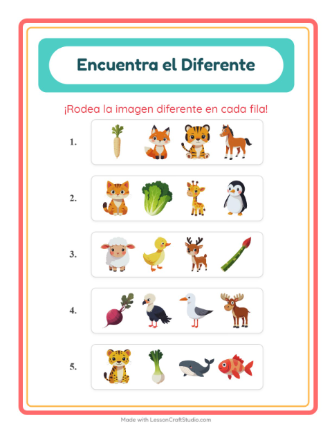 Vista previa de la hoja de El Intruso con Animales para jardín infantil