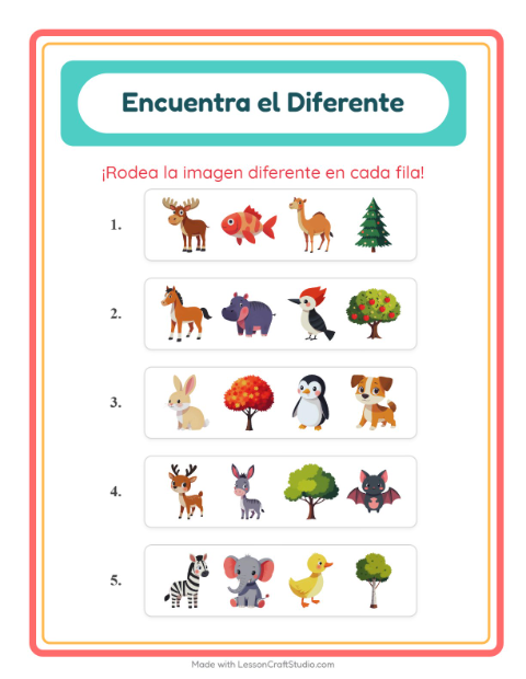 Vista previa de la hoja de El Intruso con Animales para jardín infantil