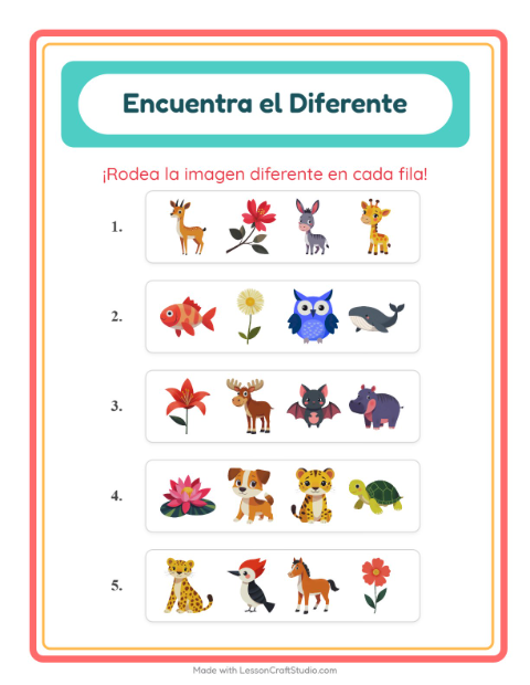 Vista previa de la hoja de El Intruso con Animales para jardín infantil