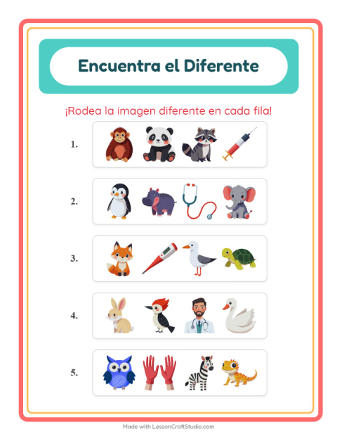 Vista previa de la hoja de El Intruso con Animales para jardín infantil