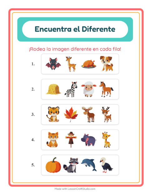 Vista previa de la hoja de El Intruso con Animales para jardín infantil