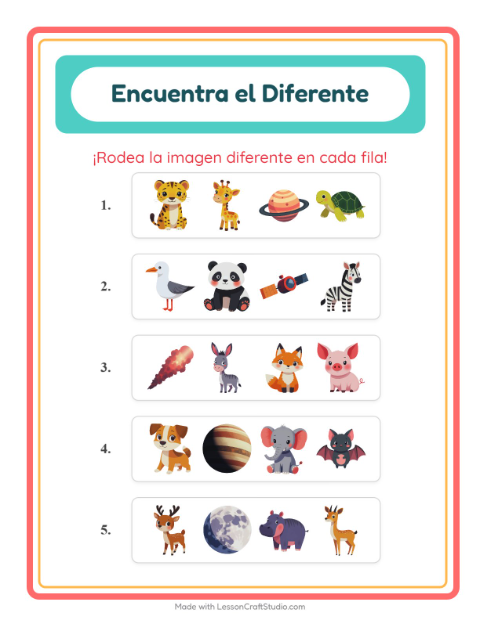 Vista previa de la hoja de El Intruso con Animales para jardín infantil