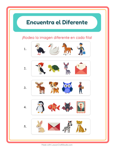 Vista previa de la hoja de El Intruso con Animales para jardín infantil