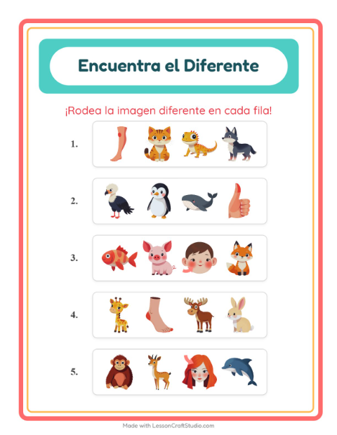 Vista previa de la hoja de El Intruso con Animales para jardín infantil