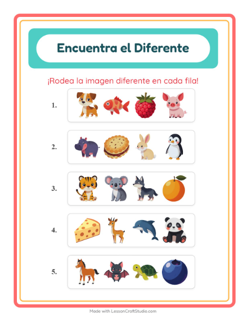 Vista previa de la hoja de El Intruso con Animales para jardín infantil
