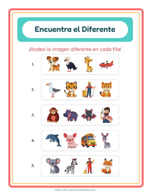 Vista previa de la hoja de El Intruso con Animales para jardín infantil
