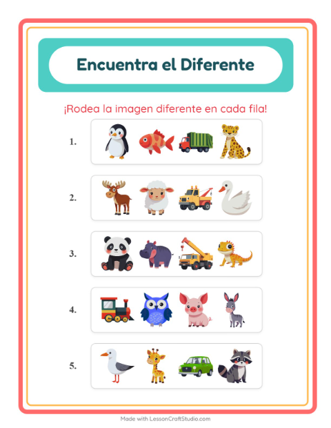 Vista previa de la hoja de El Intruso con Animales para jardín infantil