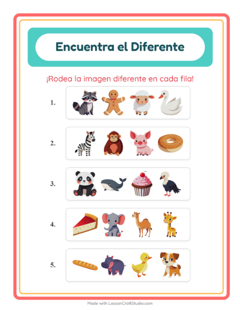 Vista previa de la hoja de El Intruso con Animales para jardín infantil