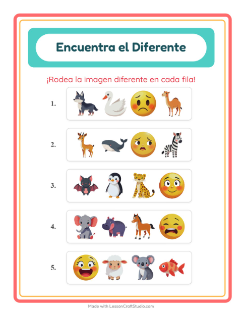 Vista previa de la hoja de El Intruso con Animales para jardín infantil