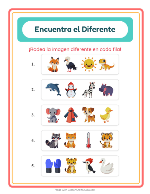Vista previa de la hoja de El Intruso con Animales para jardín infantil