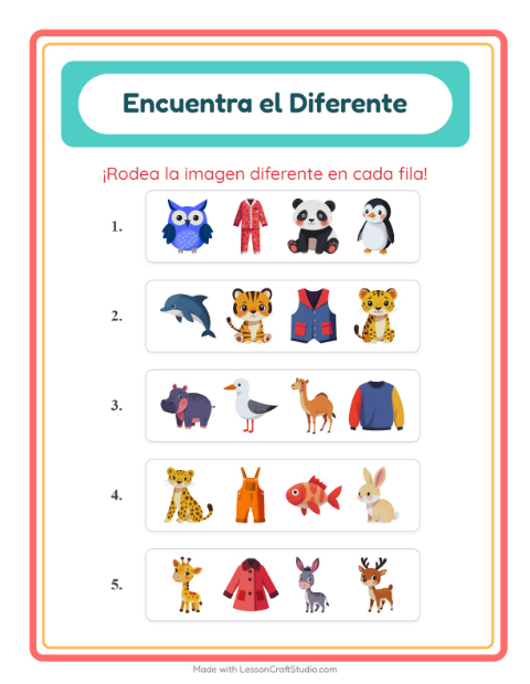 Vista previa de la hoja de El Intruso con Animales para jardín infantil