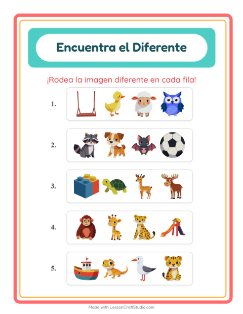 Vista previa de la hoja de El Intruso con Animales para jardín infantil