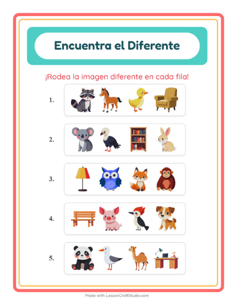Vista previa de la hoja de El Intruso con Animales para jardín infantil