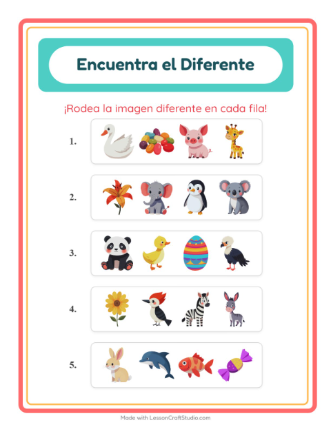 Vista previa de la hoja de El Intruso con Animales para jardín infantil