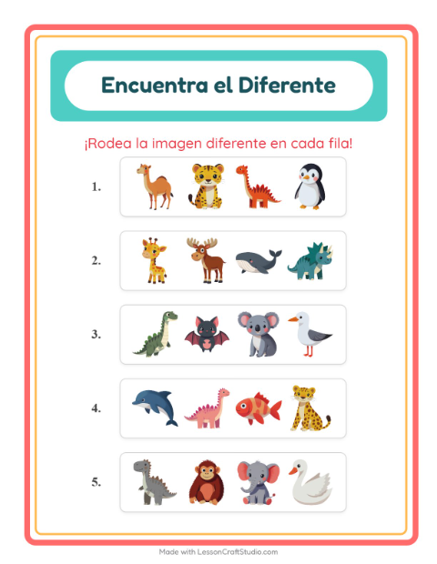 Vista previa de la hoja de El Intruso con Animales para jardín infantil
