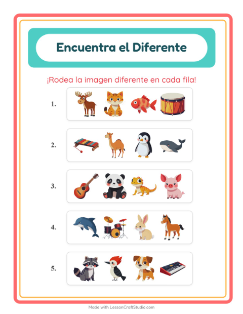 Vista previa de la hoja de El Intruso con Animales para jardín infantil