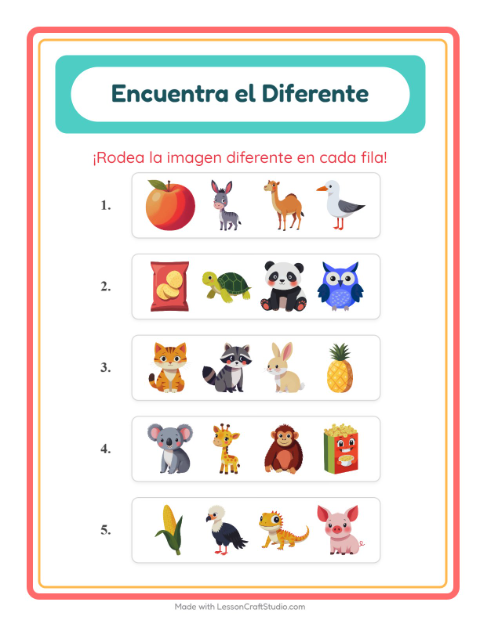 Vista previa de la hoja de El Intruso con Animales para jardín infantil