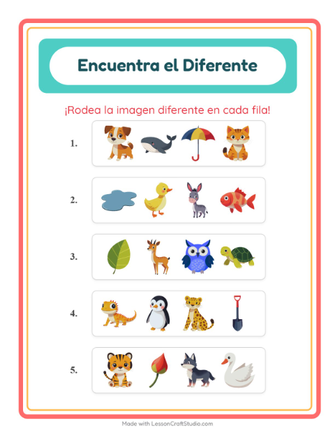 Vista previa de la hoja de El Intruso con Animales para jardín infantil