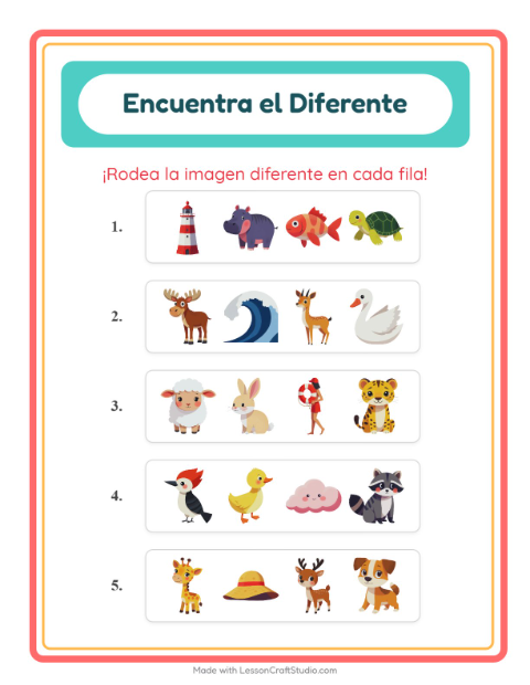 Vista previa de la hoja de El Intruso con Animales para jardín infantil