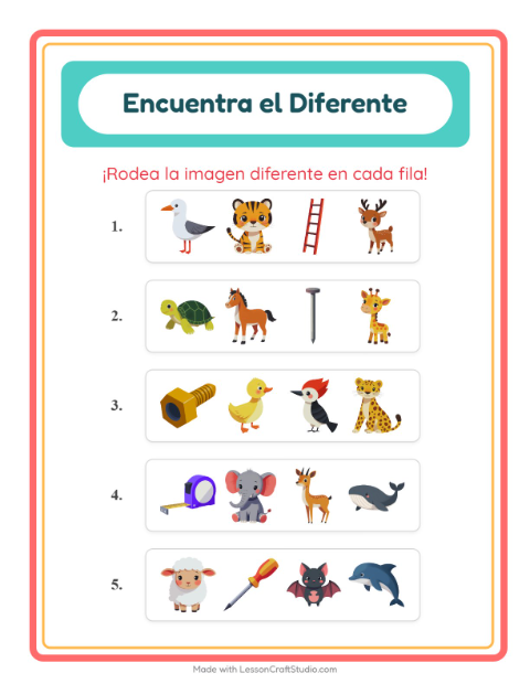 Vista previa de la hoja de El Intruso con Animales para jardín infantil