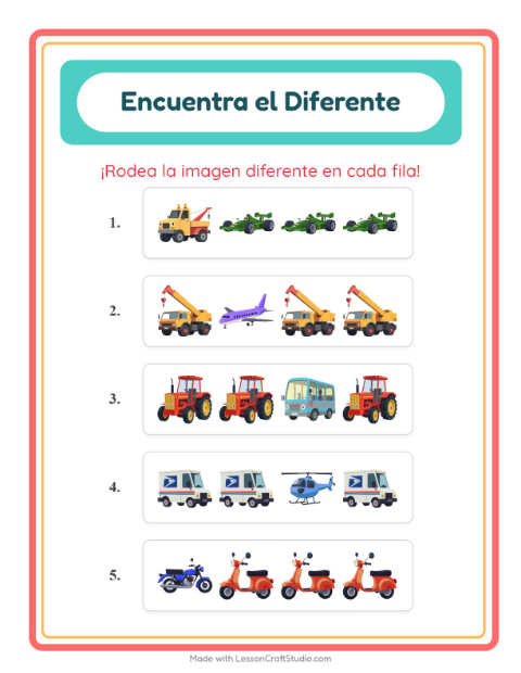 Vista previa de la hoja de El Intruso con Vehículos para jardín infantil