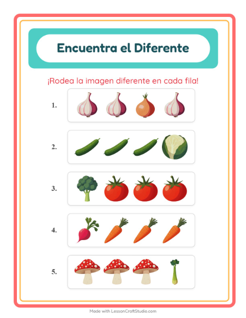 Vista previa de la hoja de El Intruso con Verduras para jardín infantil