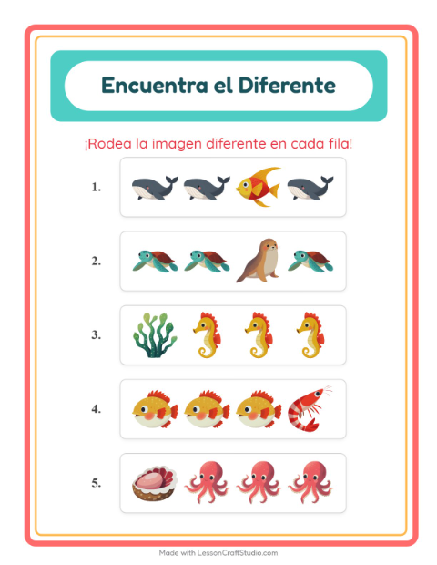 Vista previa de la hoja de El Intruso con Vida marina para jardín infantil