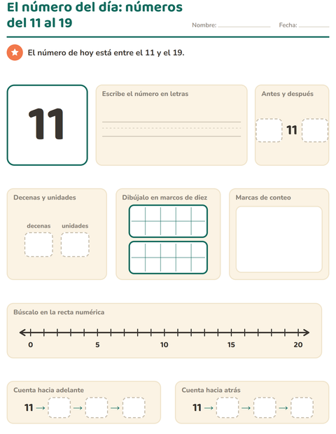 El número del día: números del 11 al 19 en ocho casillas — primer grado