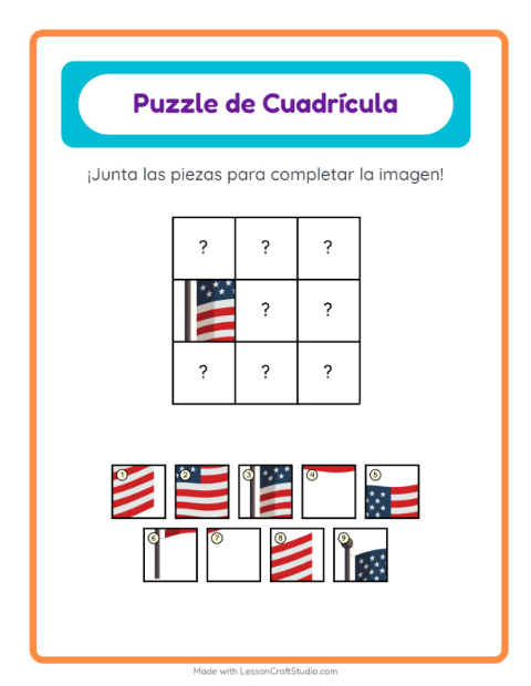 Vista previa de la hoja de Emparejar En Cuadrícula con 4 de Julio para jardín infantil