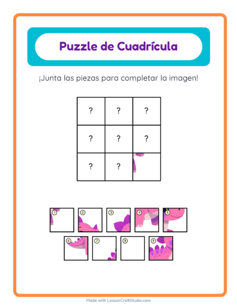 Vista previa de la hoja de Emparejar En Cuadrícula con Dinosaurios para jardín infantil