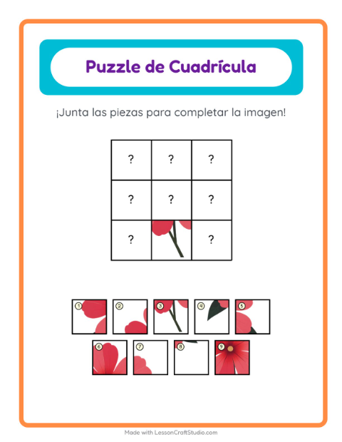 Vista previa de la hoja de Emparejar En Cuadrícula con Flores para jardín infantil