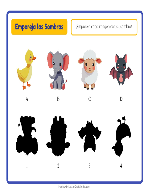Vista previa de la hoja de Emparejar Sombras con Animales para jardín infantil