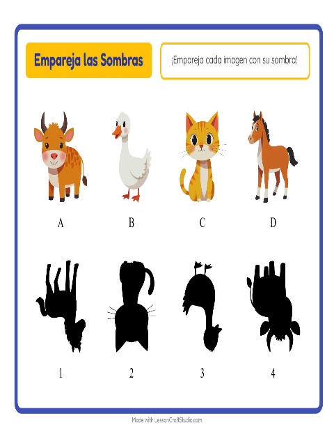Vista previa de la hoja de Emparejar Sombras con Animales de granja para jardín infantil