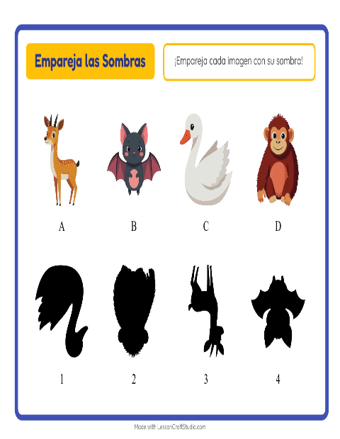 Vista previa de la hoja de Emparejar Sombras con Animales para jardín infantil