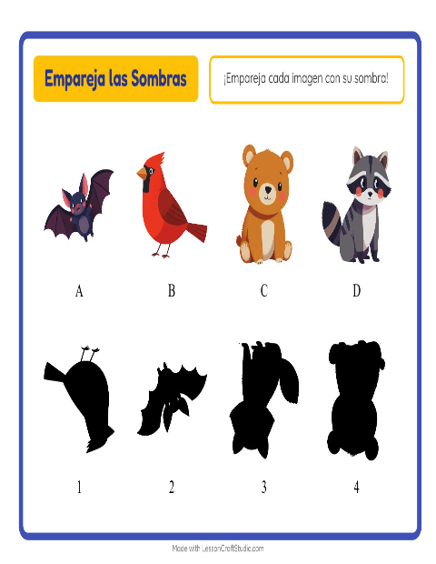 Vista previa de la hoja de Emparejar Sombras con Criaturas del bosque para jardín infantil