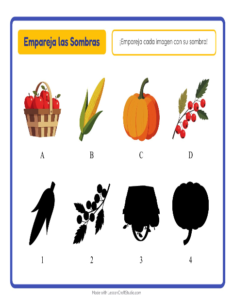 Vista previa de la hoja de Emparejar Sombras con Día de Acción de Gracias para jardín infantil