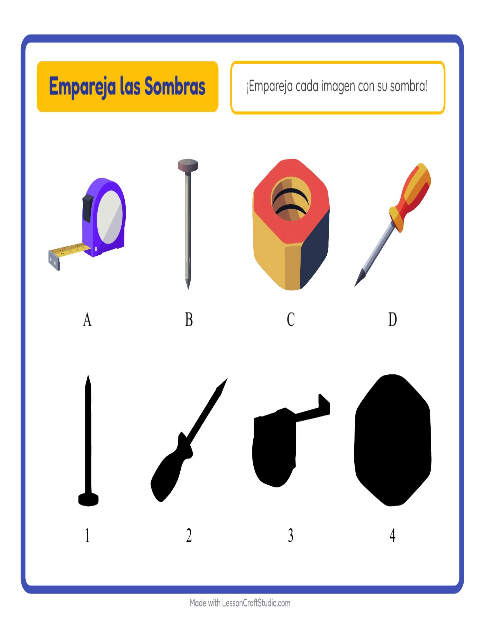 Vista previa de la hoja de Emparejar Sombras con Herramientas para jardín infantil